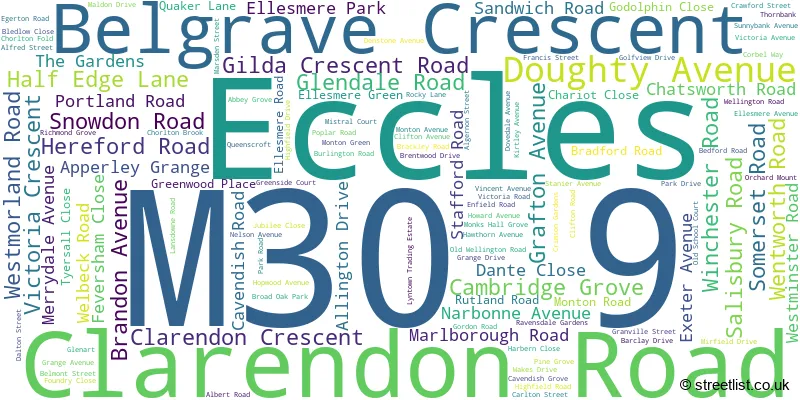 A word cloud for the M30 9 postcode
